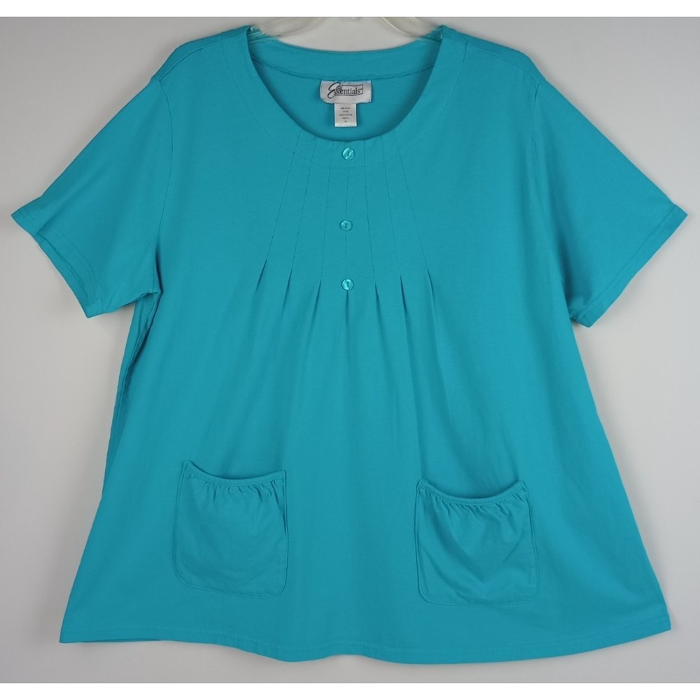 Easy Essentials Womens XL Turquoise Short Sleeve Front Pockets Baby Doll Shirt